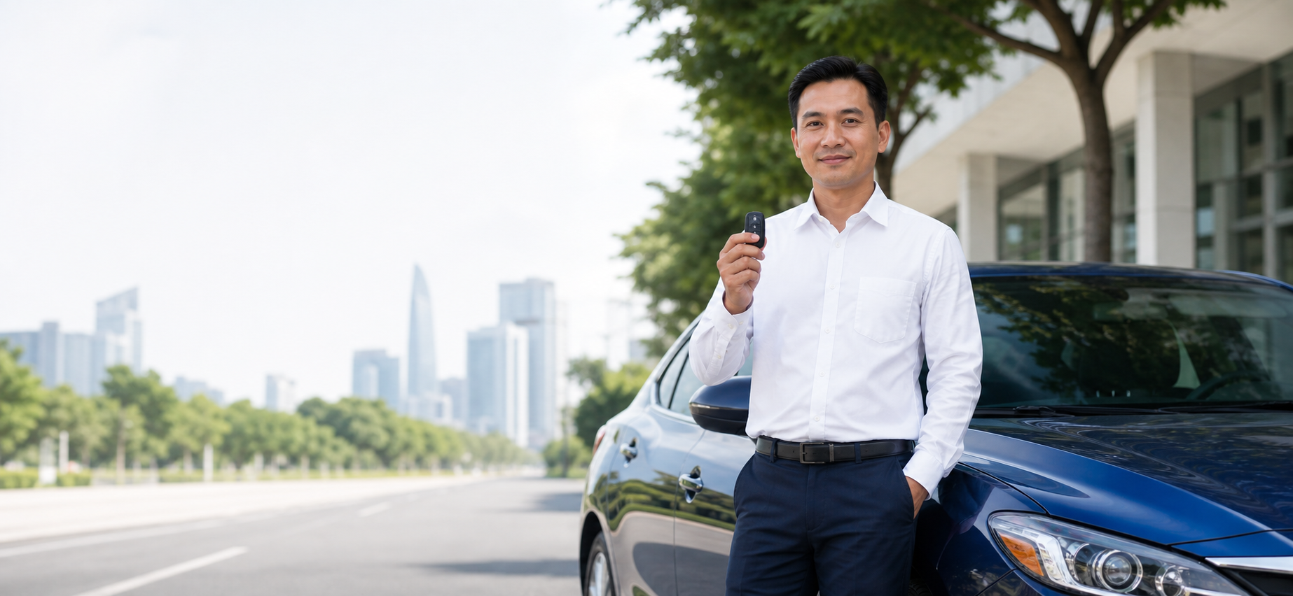 Tài xế chuyên nghiệp đứng cạnh xe và cầm chìa khóa
